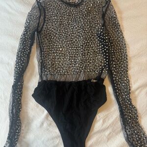 SHEIN Black Sheer Bodysuit with Rhinestones